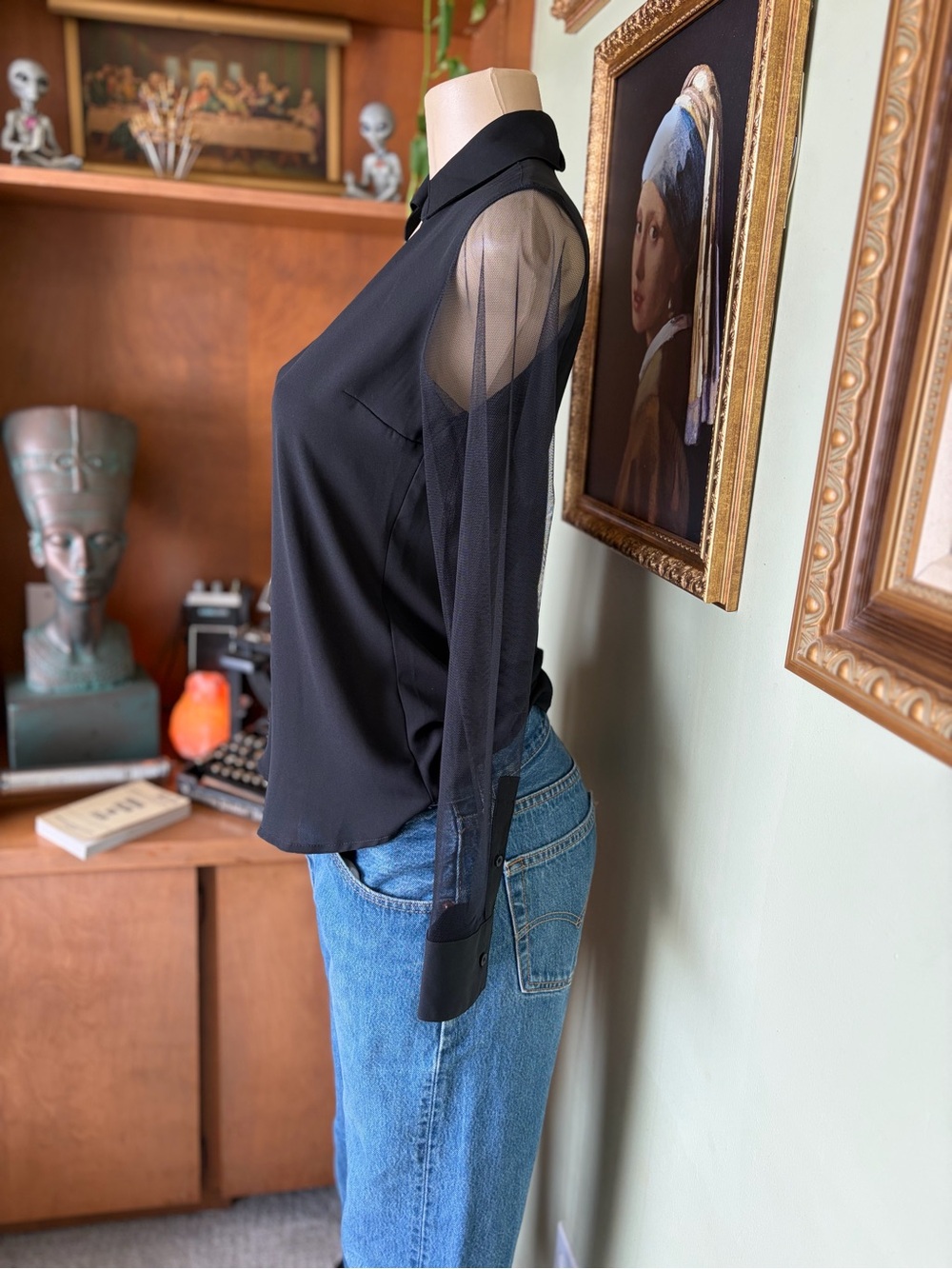Express Black Portofino Button-Down Top with Sheer Sleeves Size XS Slim-Flit - Picture 9 of 15